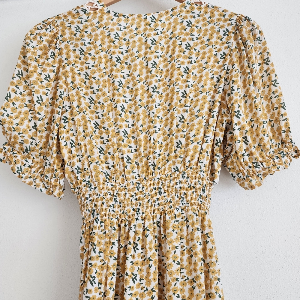 Elan Daisy Yellow Floral Crochet Trim Midi Dress Cottagecore Boho Smocked Small - Picture 10 of 12